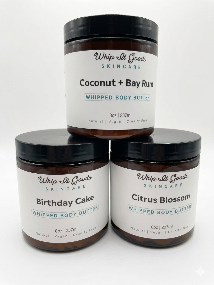 Three jars of Whip It Goods Skincare whipped body butter on a white background